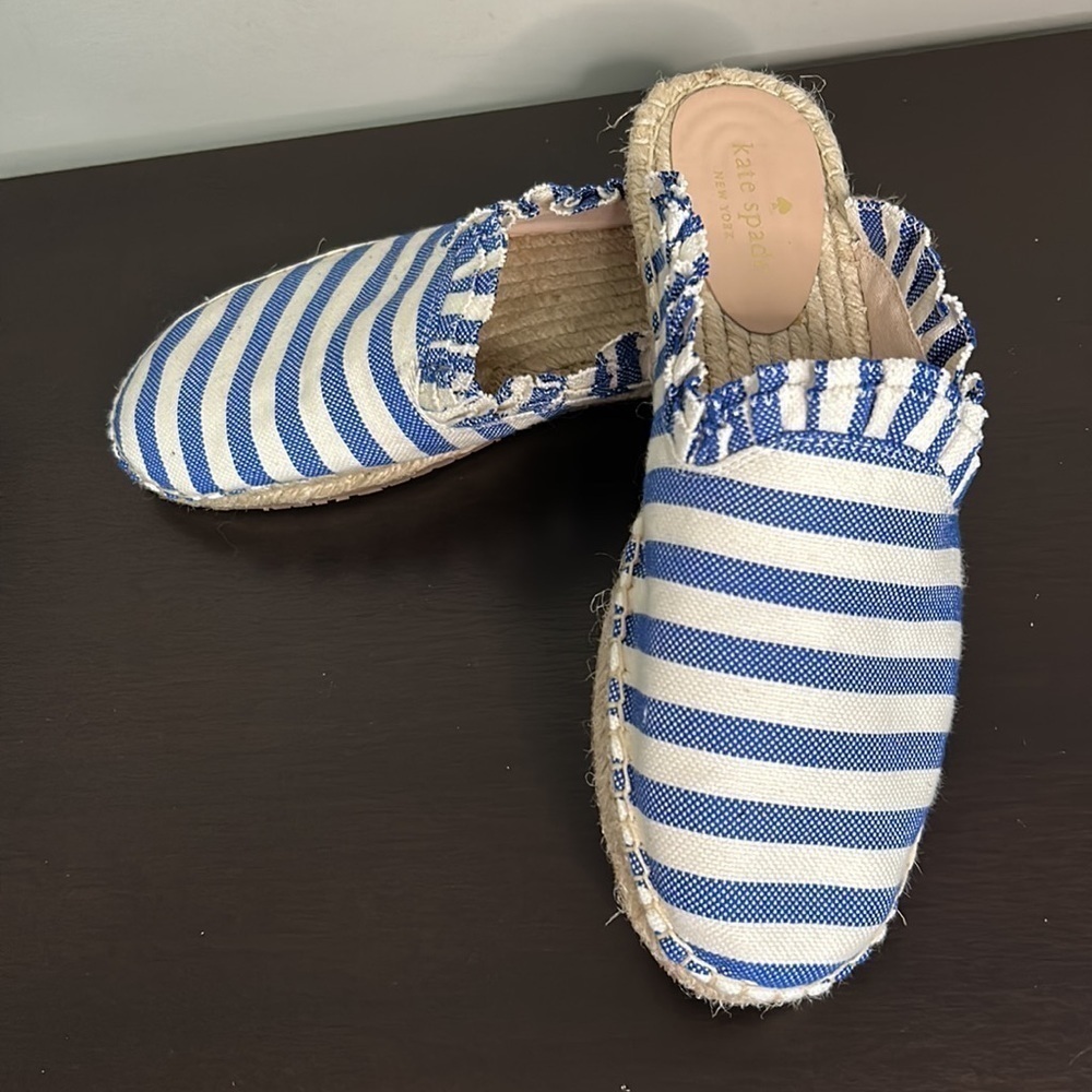 Kate Spade Laila Espadrille Blue White Striped Ruffle Mule Shoe Sz 9.5 - Picture 9 of 12